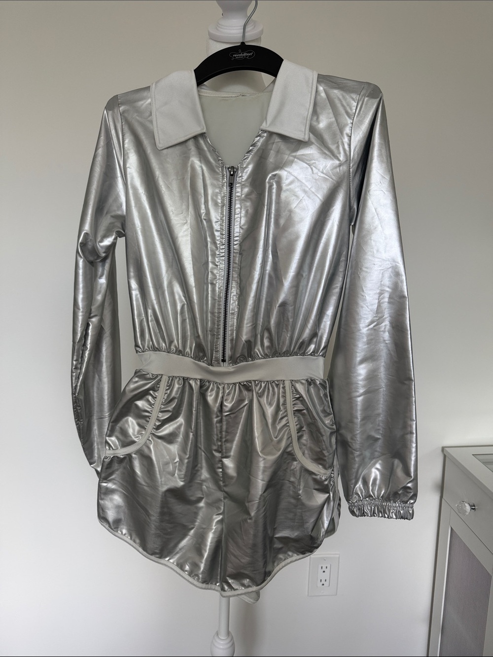 Custom-made Girls Metallic Silver Zip Romper with White Collar